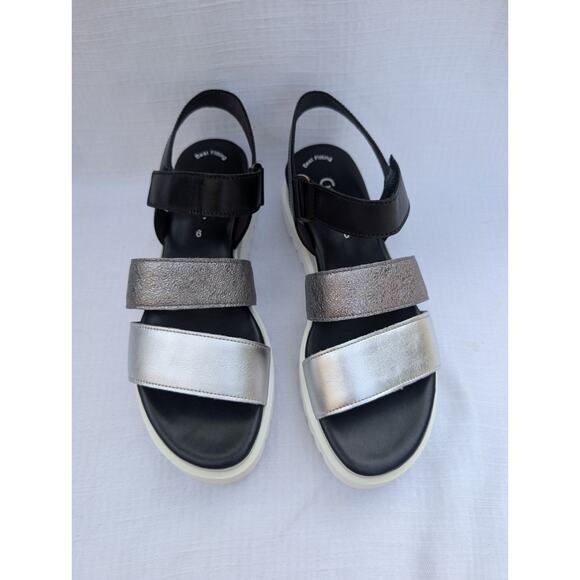 Gabor Women's Chunky Platform Sandals Sz 8.5 Silver Black Crossover Wedge - Picture 1 of 8